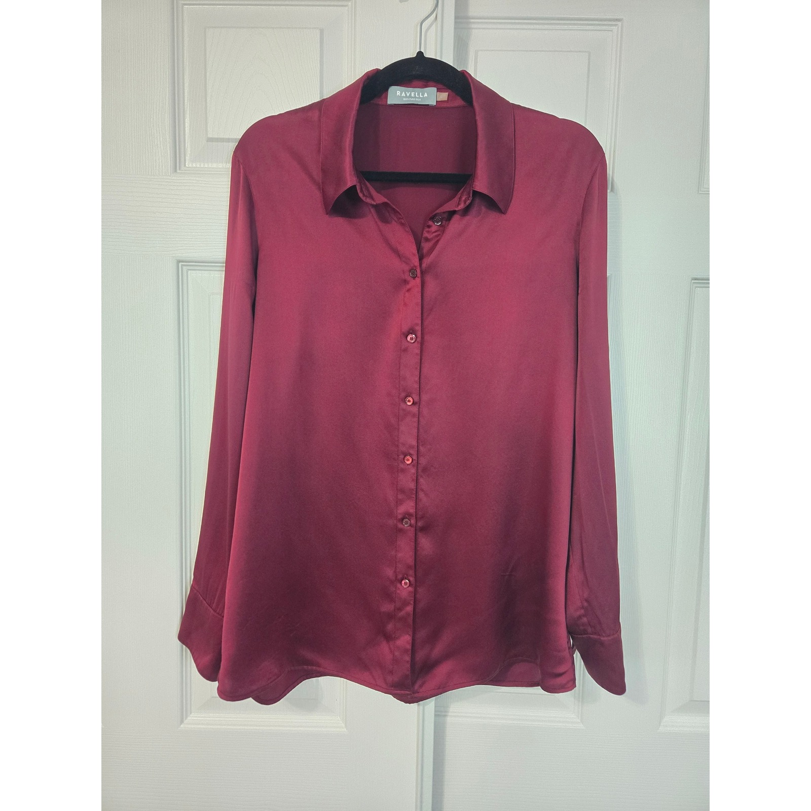 Ravella 100% Pure Silk Burgundy Button Down Blouse Long Sleeve Shirt Womens L